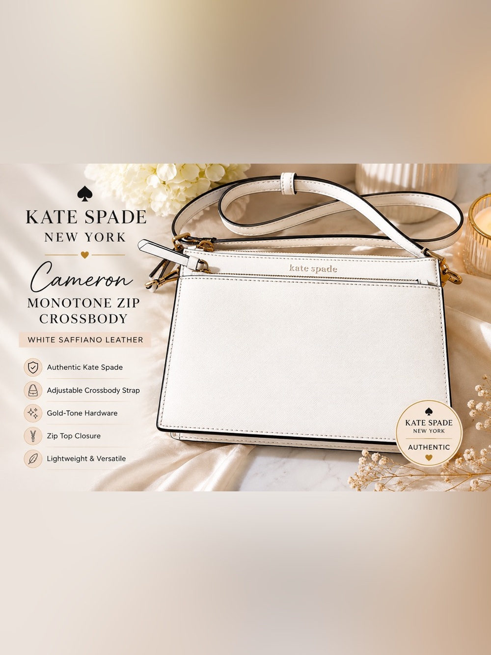 Kate Spade Cameron Monotone Zip Crossbody White Saffiano Leather Bag